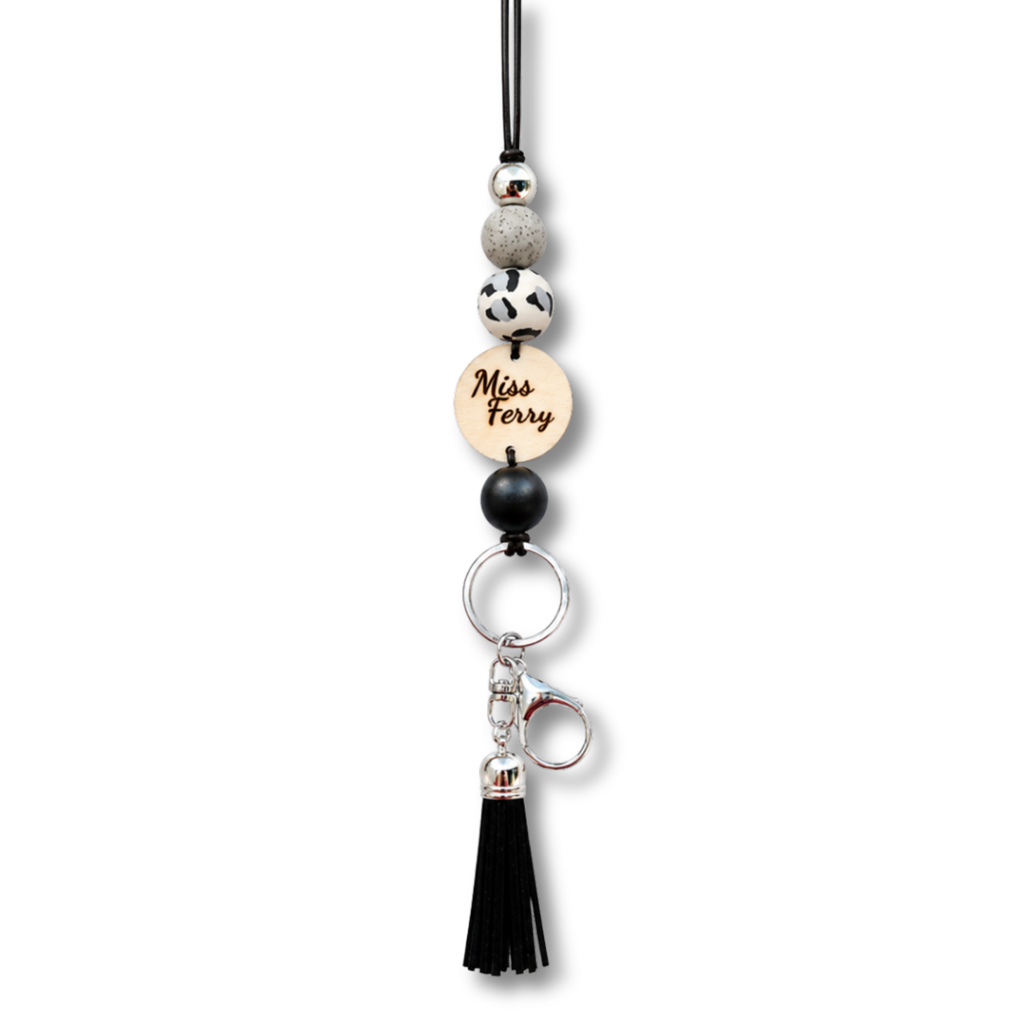 Personalized Animal Print Polymer Clay and Wood Bead Lanyard with Tassel