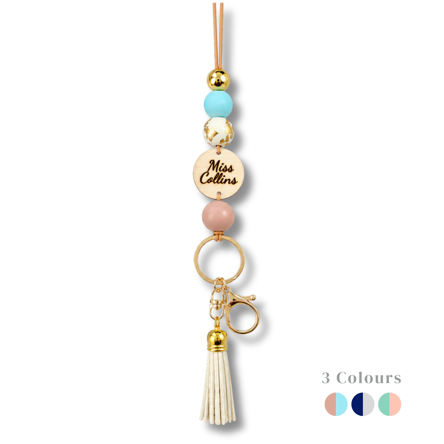 Personalized Earth Tone Polymer Clay and Wood Bead Lanyard with Tassel