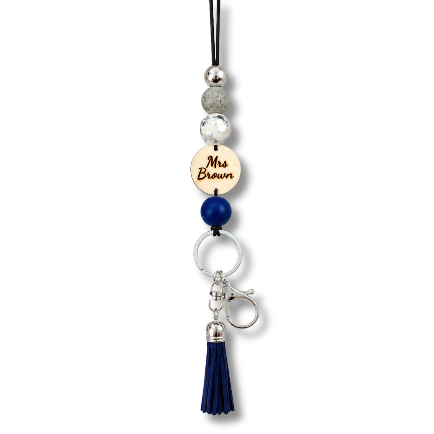 Personalized Earth Tone Polymer Clay and Wood Bead Lanyard with Tassel