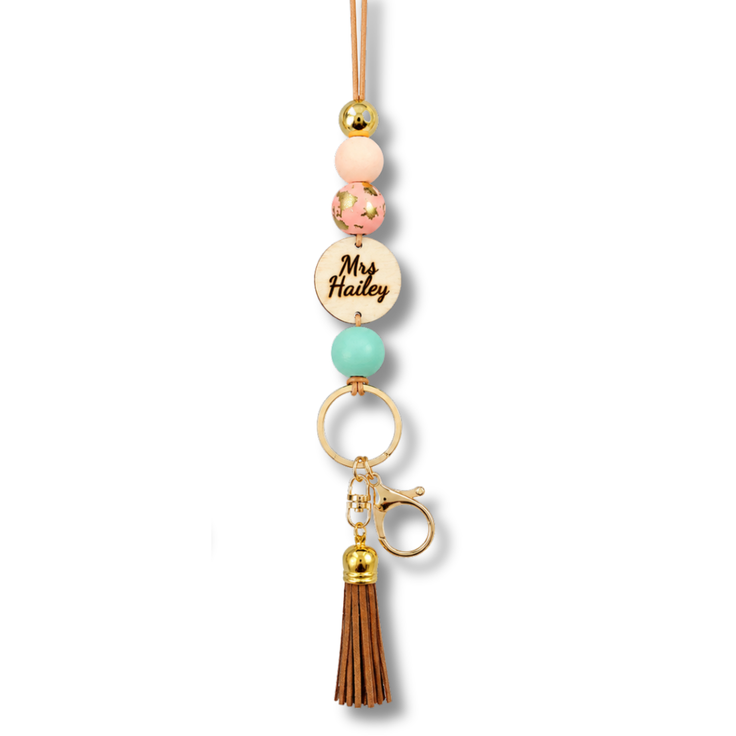 Personalized Earth Tone Polymer Clay and Wood Bead Lanyard with Tassel