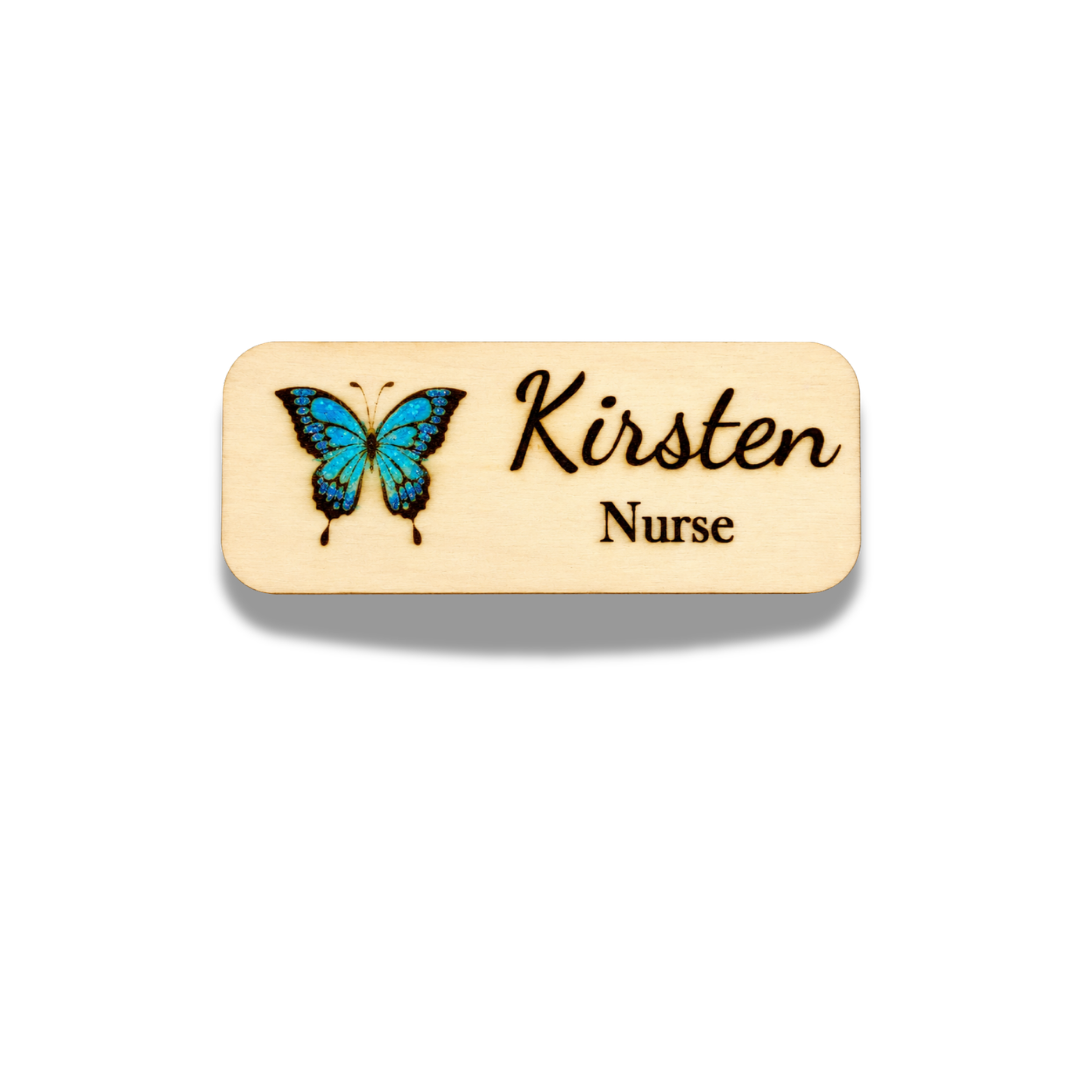 Personalized Butterfly Name Badge – Custom Wooden Name Tag for Nurses, Teachers & Staff