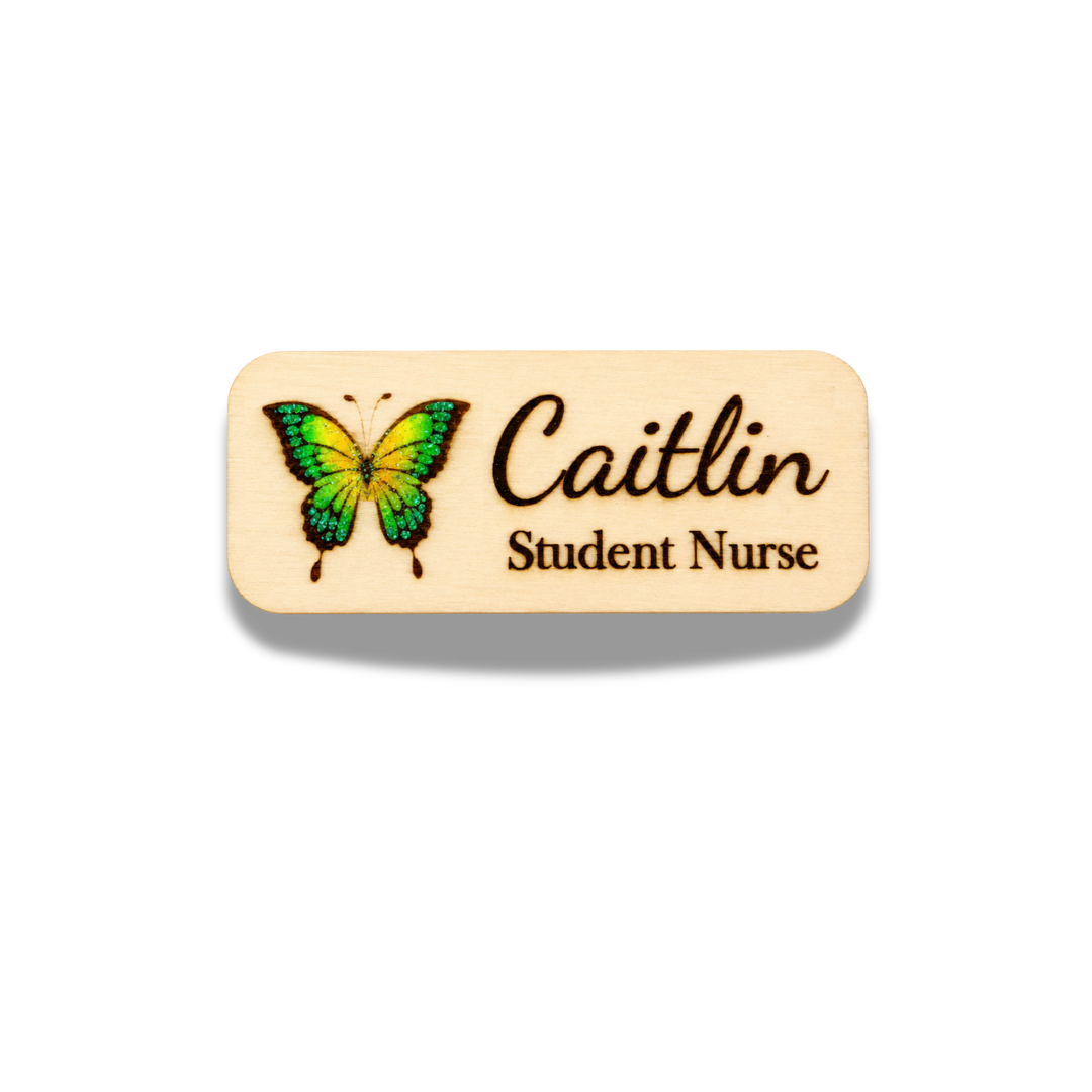 Personalized Butterfly Name Badge – Custom Wooden Name Tag for Nurses, Teachers & Staff