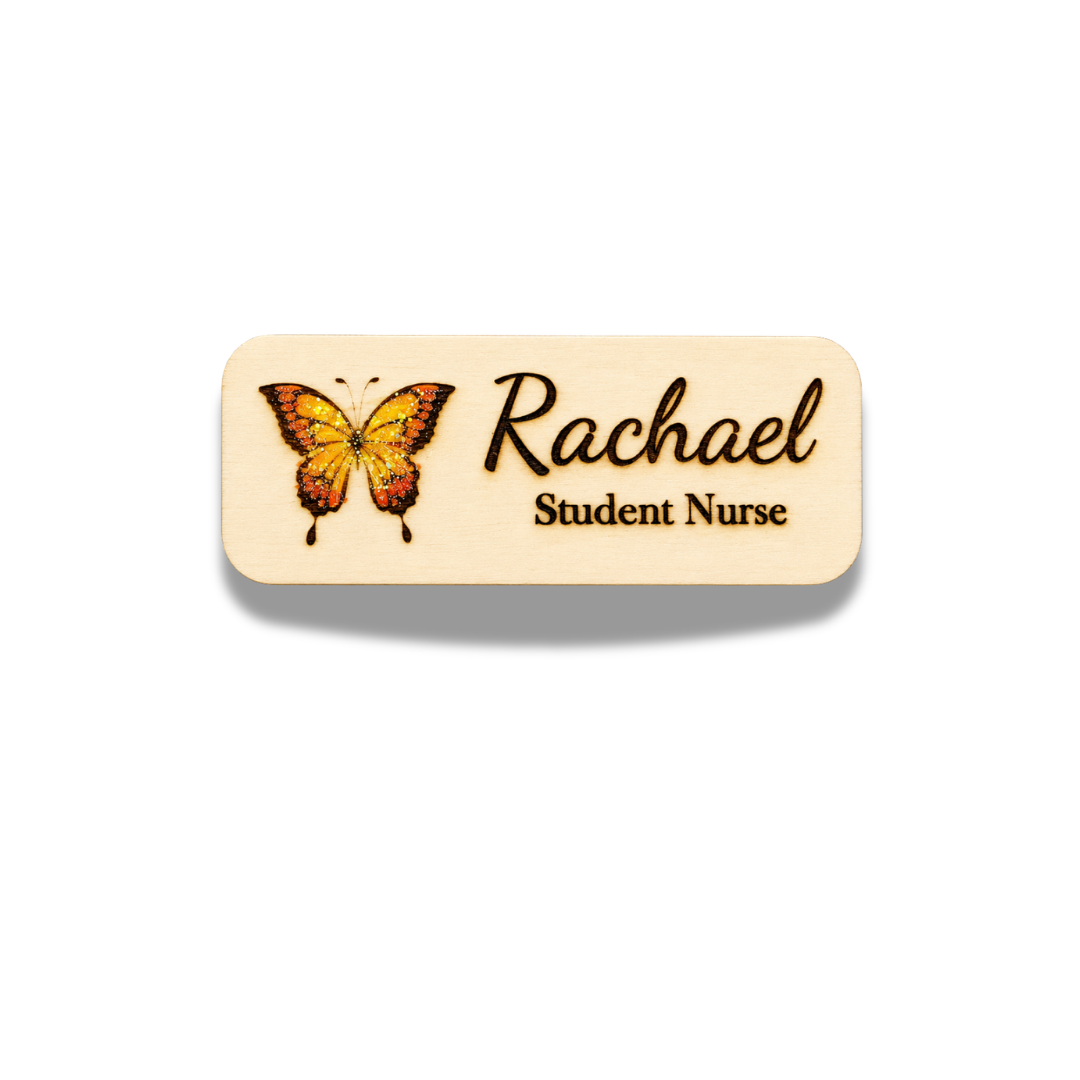 Personalized Butterfly Name Badge – Custom Wooden Name Tag for Nurses, Teachers & Staff