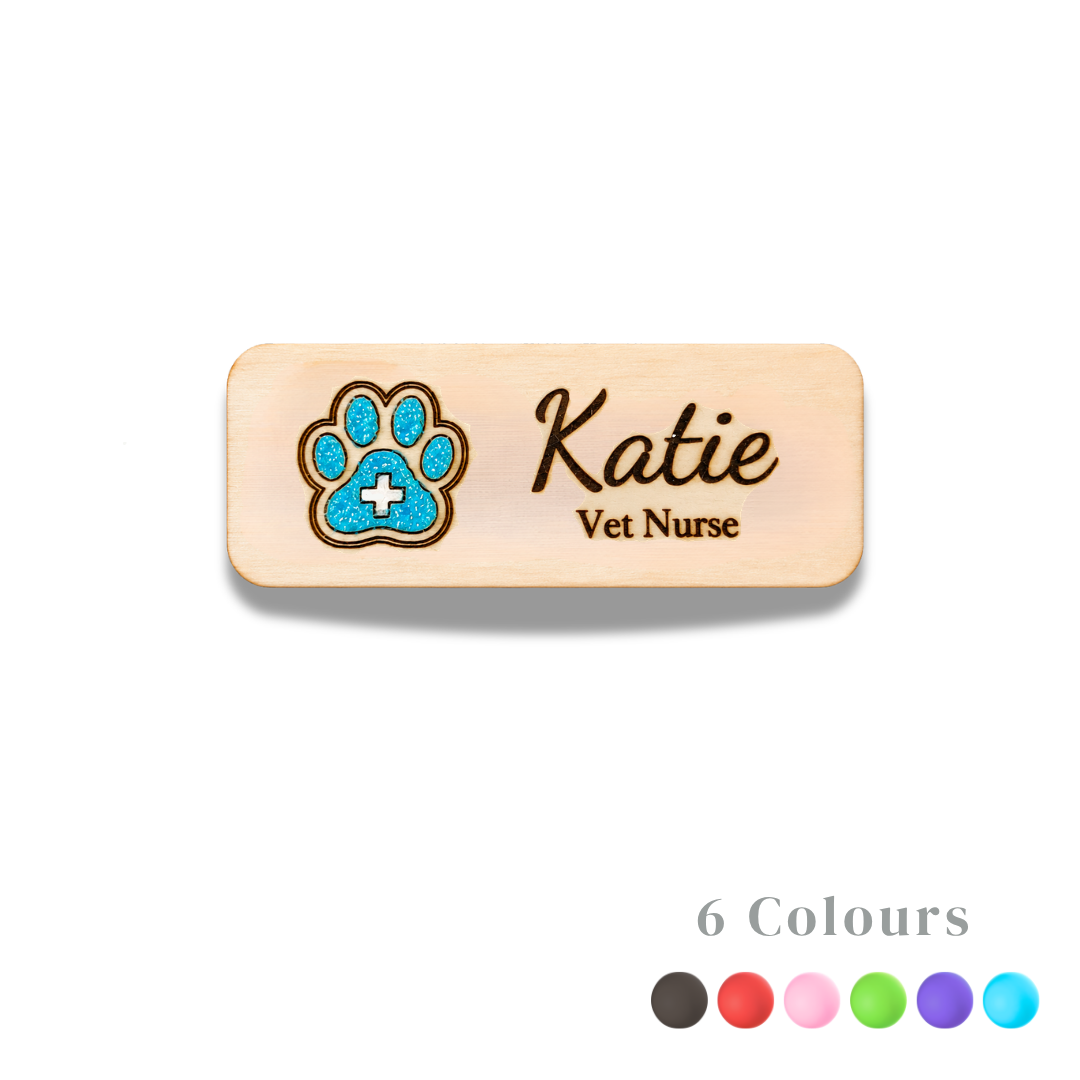 Paw Print Wooden Name Badge: Personalized Vet Doctor/Nurse Tag