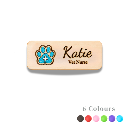 Personalized hand-painted glitter animal paw wooden name badge with engraved name