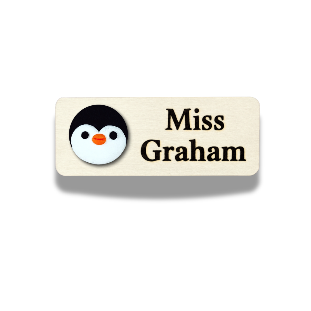 Handmade Grey Penguin Personalised Name Tag