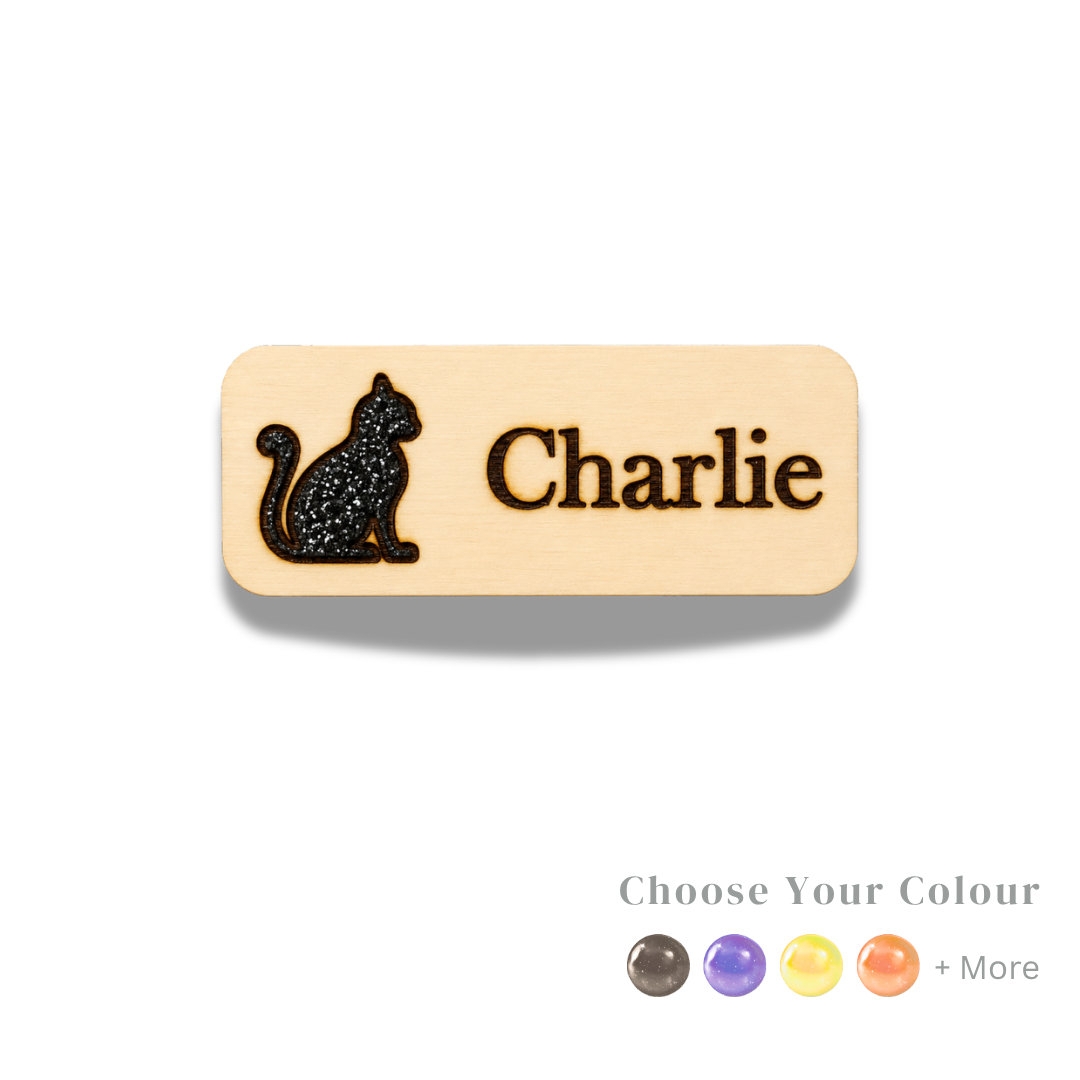Glitter Cat Engraved Hand-Painted Personalised Name Tag