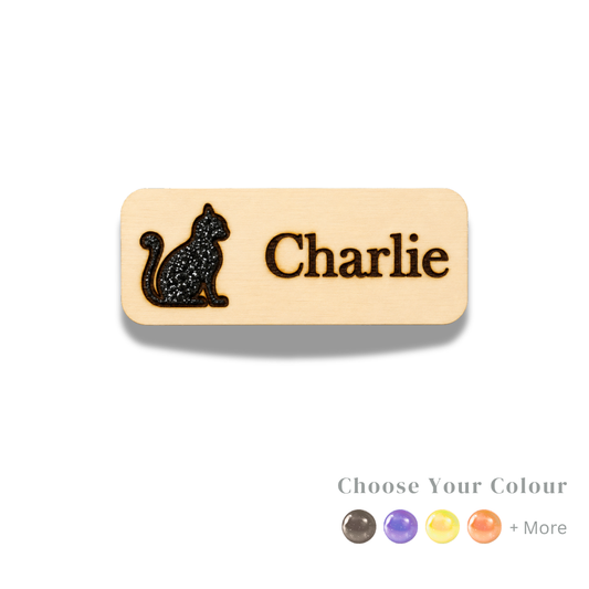 Personalized glitter cat hand-painted wooden name badge with engraved name