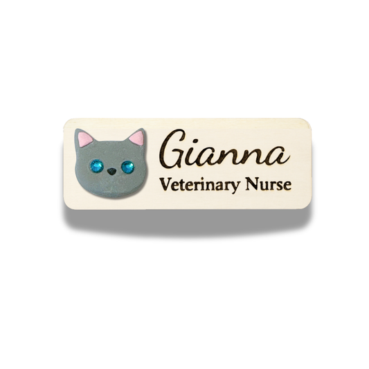 Handmade 3D Rhinestone Grey Cat Head Personalised Name Tag