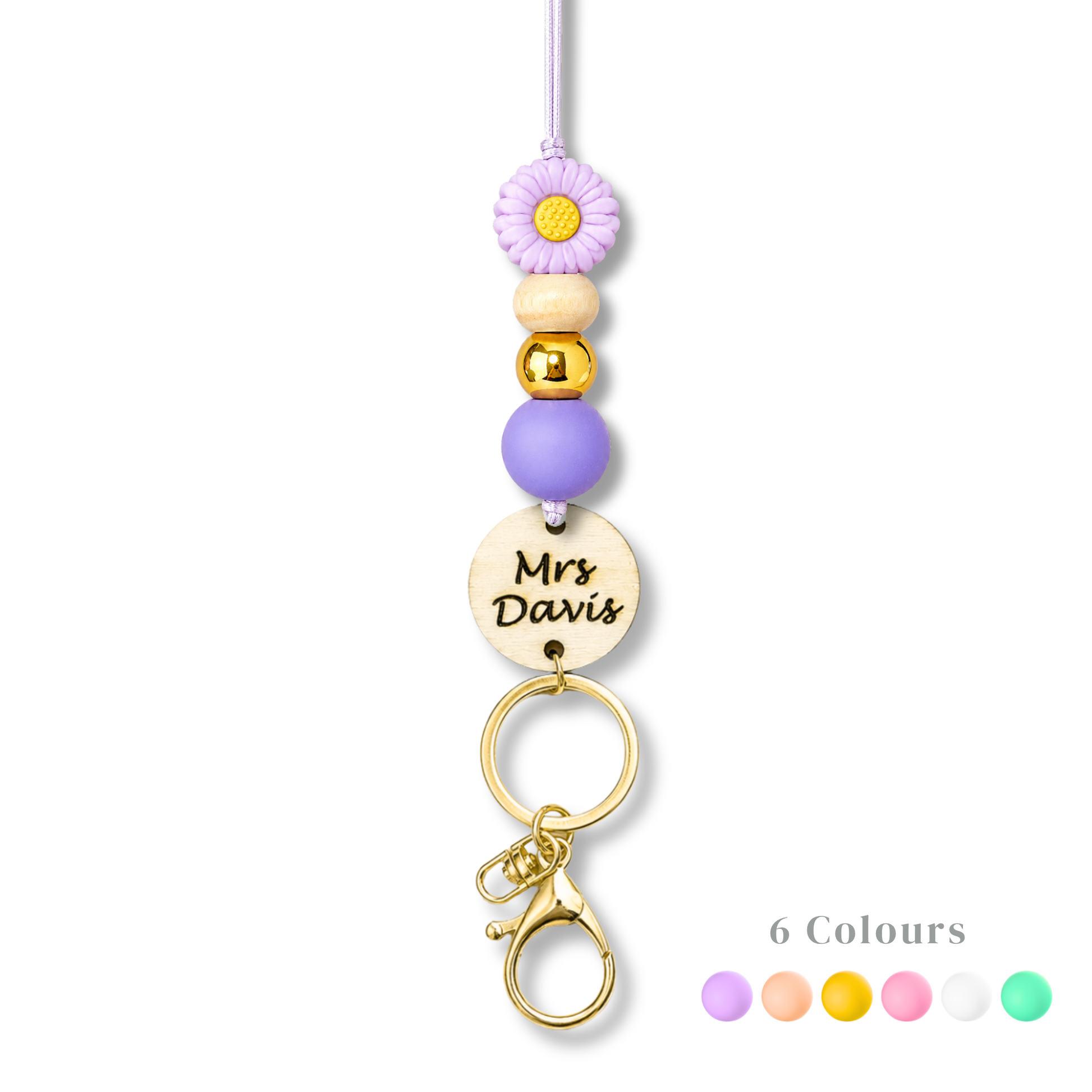 Personalized small daisy-charm teacher ID lanyard with engraved wooden name tag