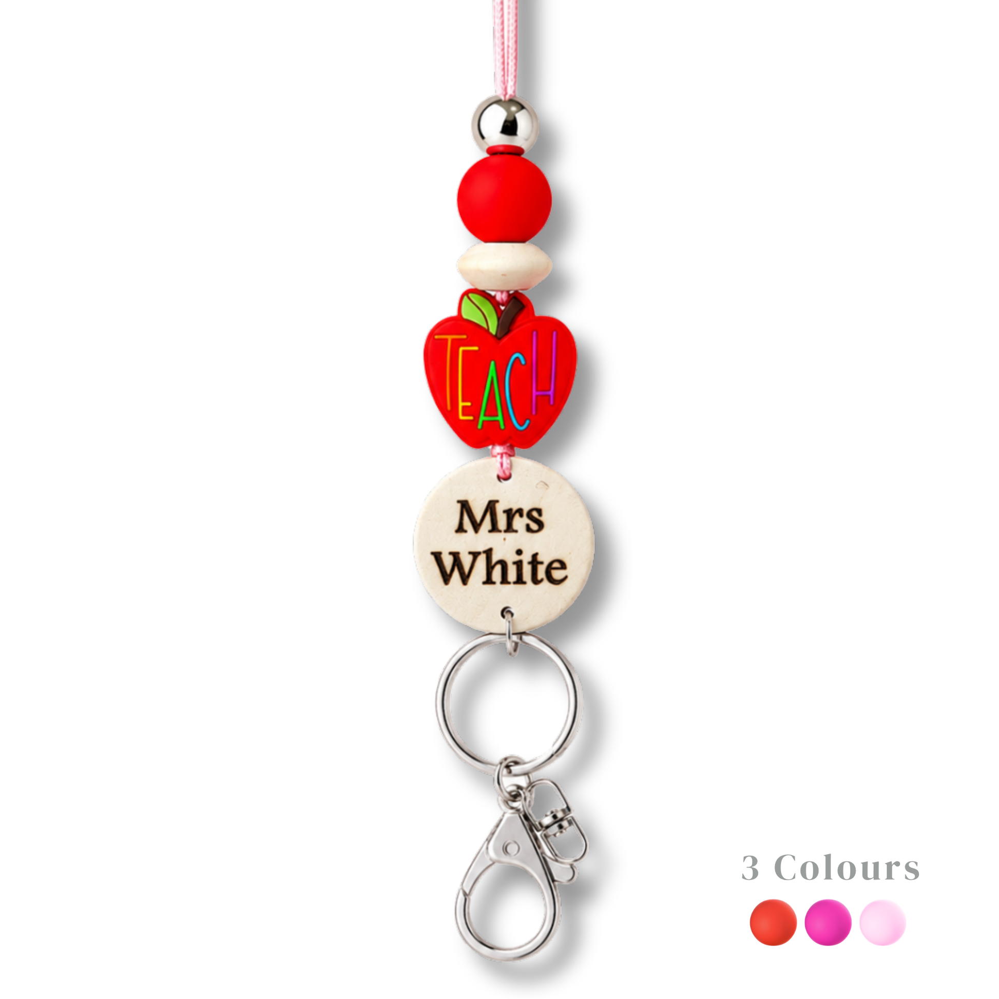 Personalized red and pink apple-charm teacher ID lanyard with engraved wooden name tag