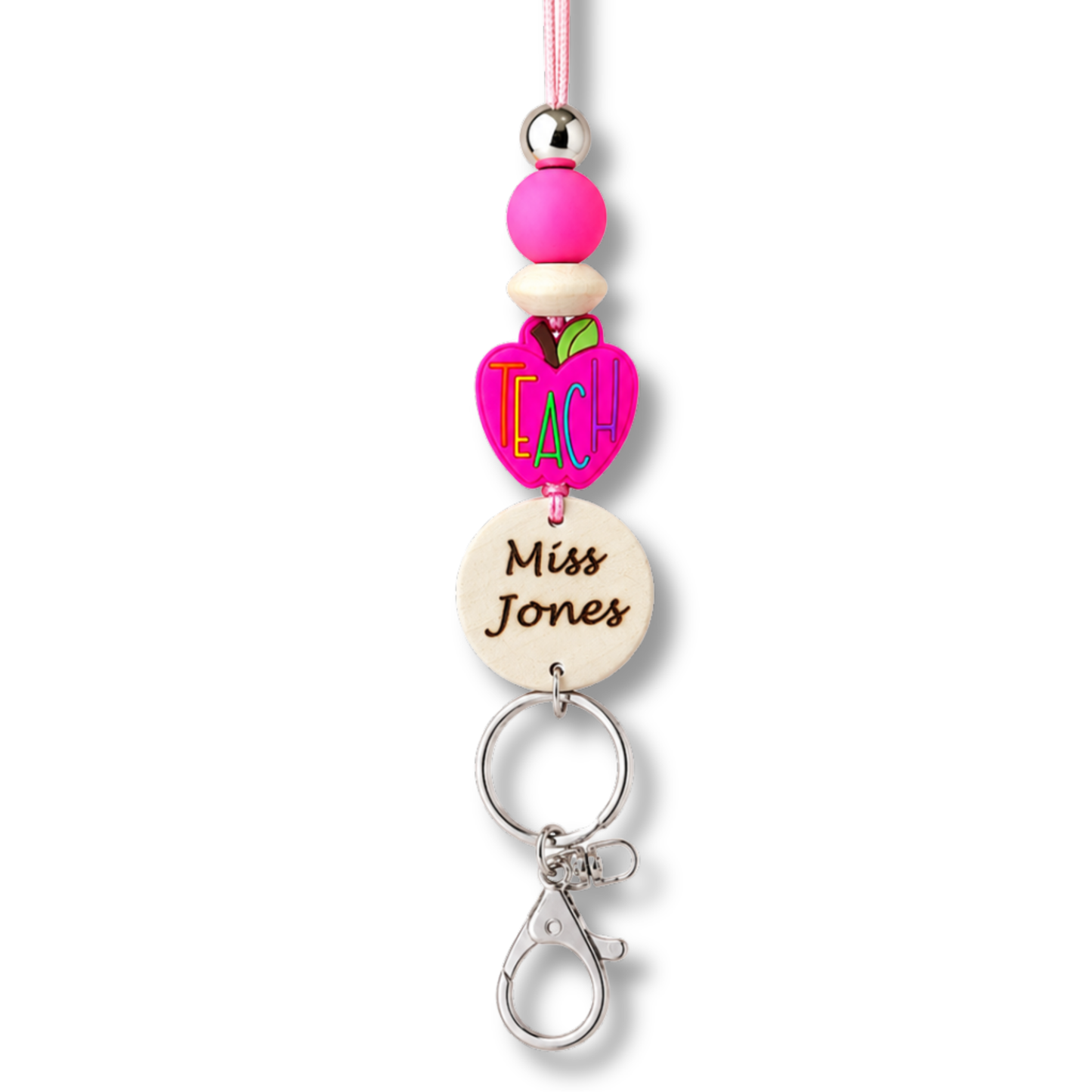Red and Pink Apple Personalized Name Teacher ID Key Lanyard