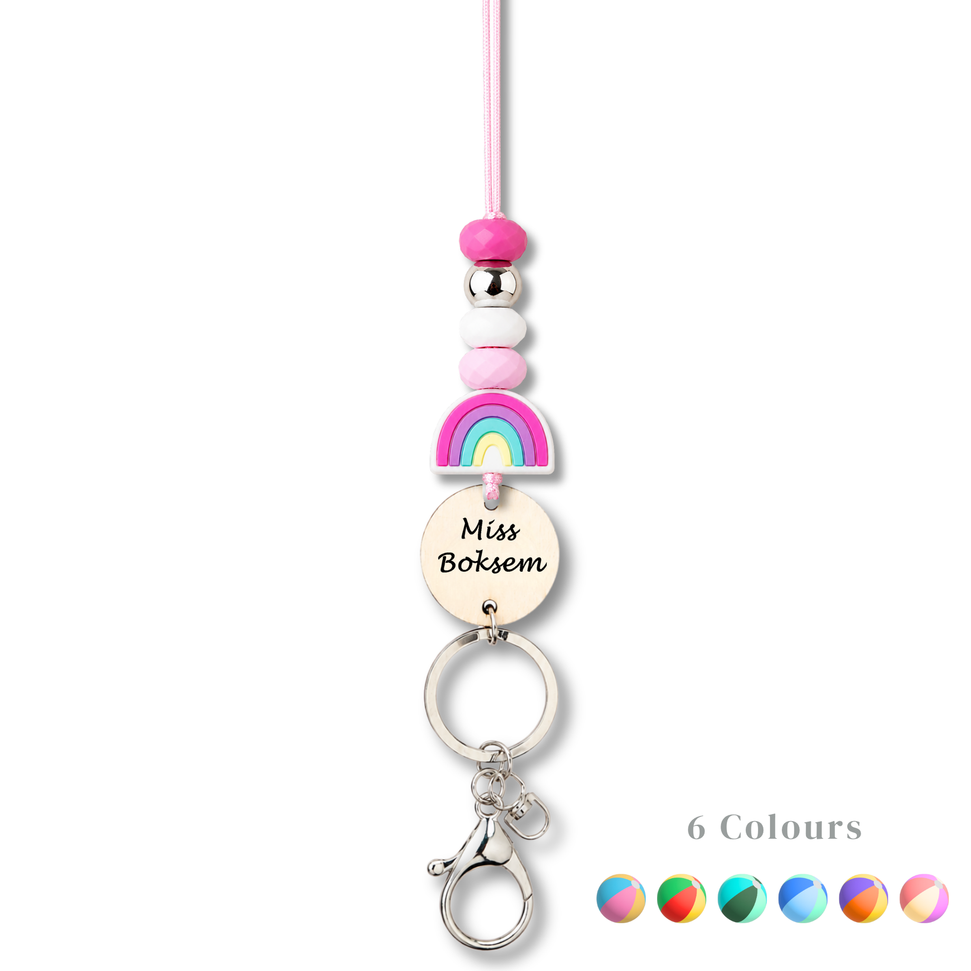 Personalized rainbow-charm teacher ID lanyard with engraved wooden name tag