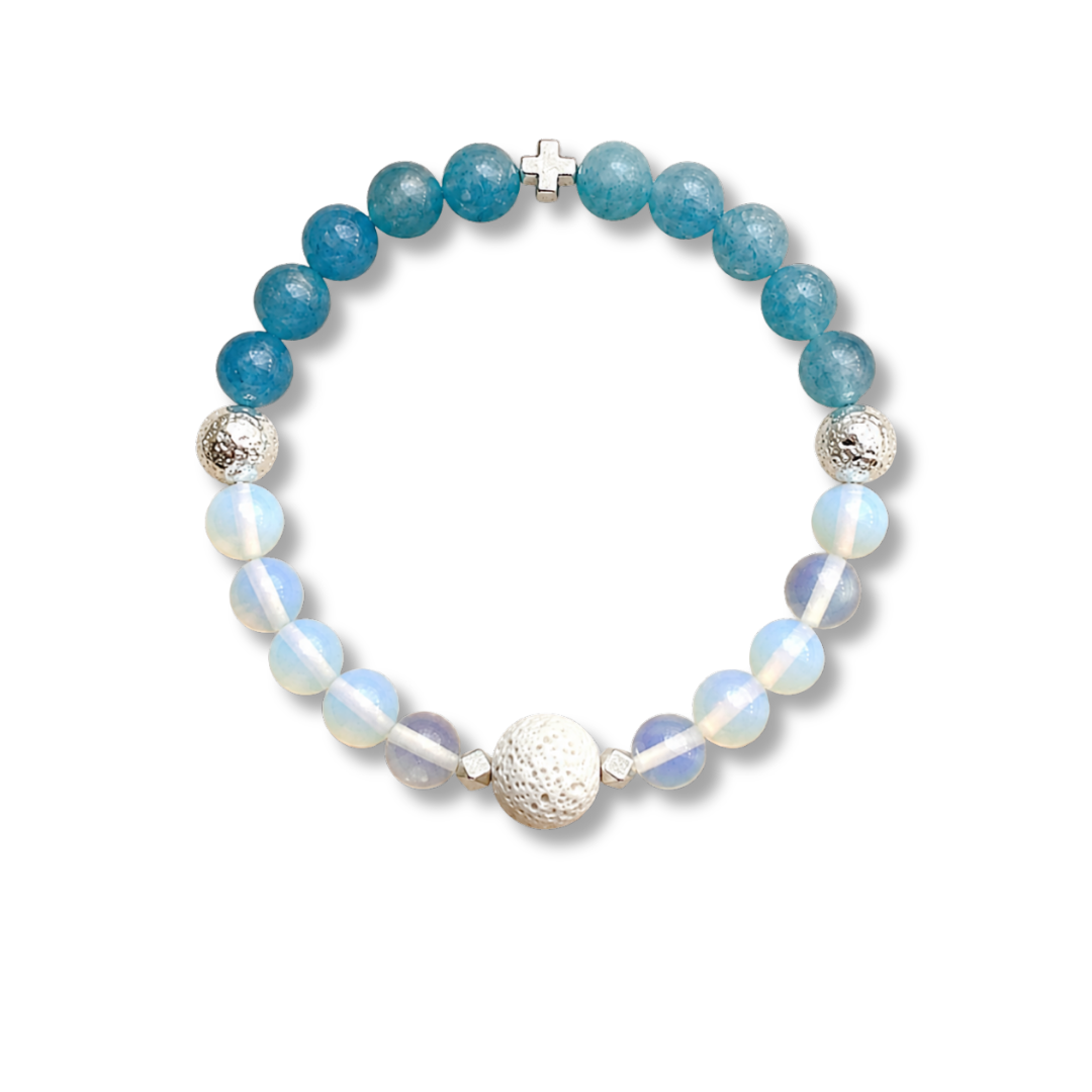 Aquamarine and opalite natural-stone bracelet with black lava diffuser bead and gold accents