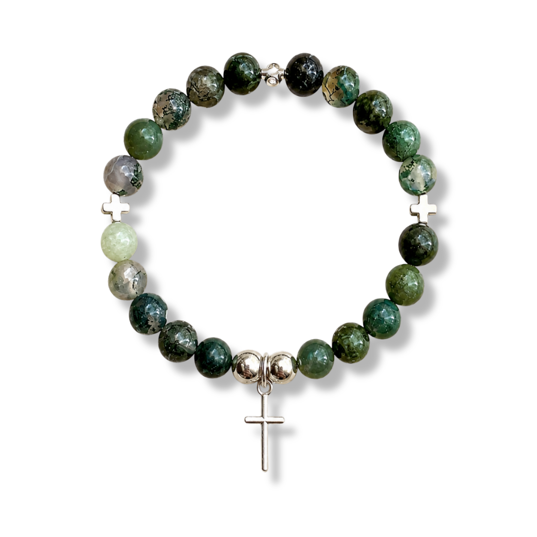 Ocean Grass Agate Faith & Calm Gemstone Cross Bracelet