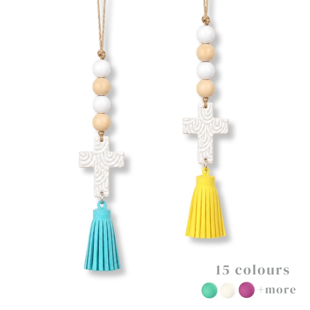 Handmade Cross Car Charm with Wooden Beads and Suede Tassel