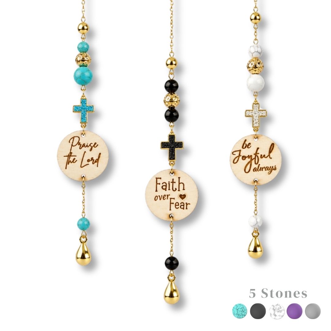 Druzy Blue Sandstone Gemstone Cross Bible Verse with Lava Stones Car Hanging Charm