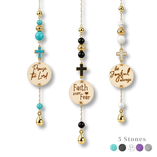 Druzy Blue Sandstone Gemstone Cross Bible Verse with Lava Stones Car Hanging Charm
