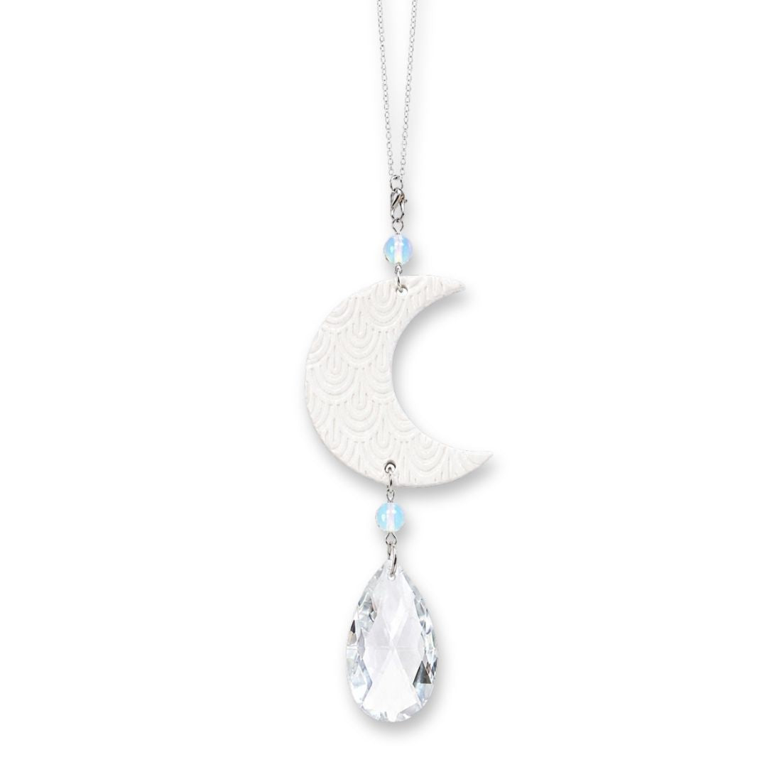Handmade Moon & Crystal Car Charm – Polymer Clay Crescent with Glass Teardrop