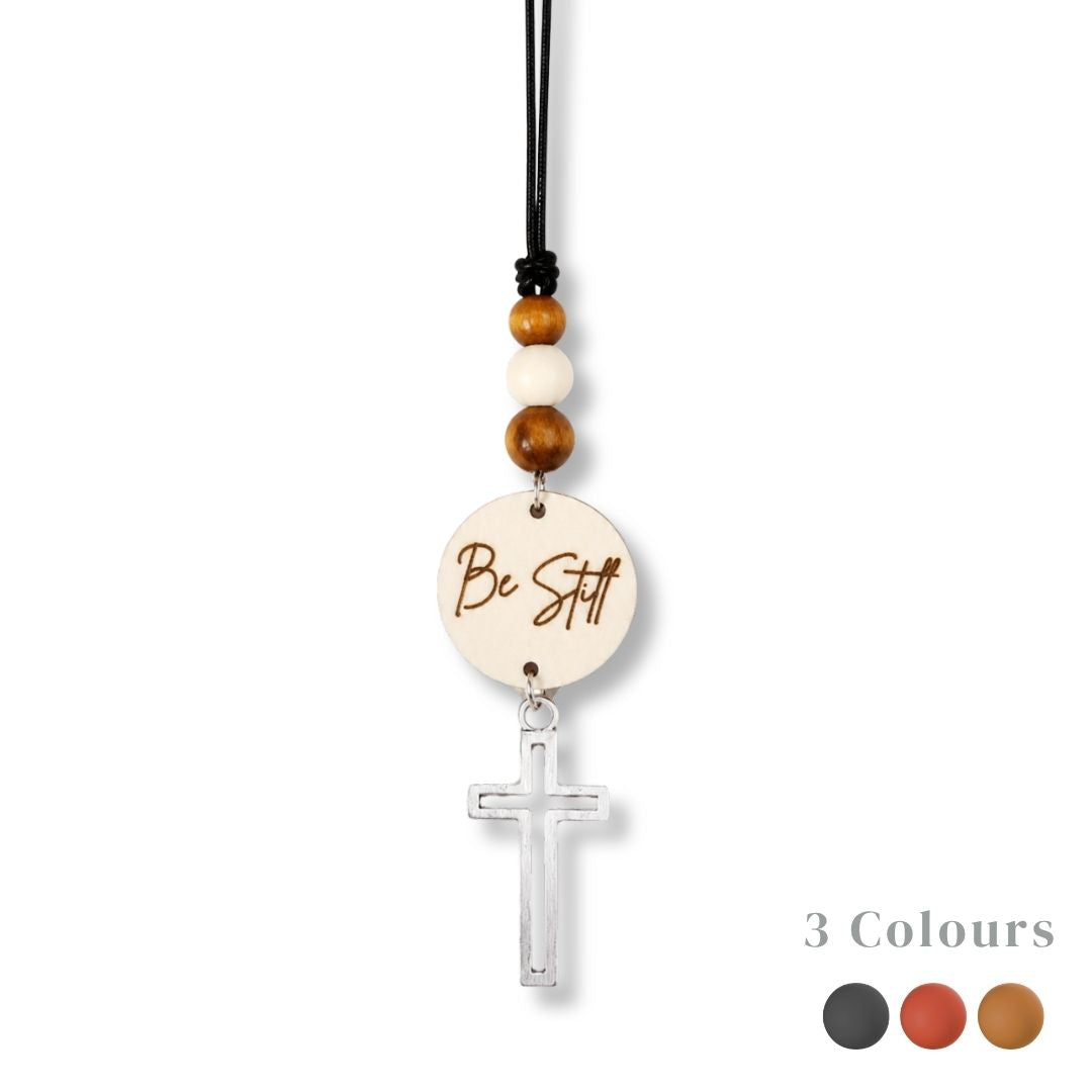 Silver Cross Bible Verse with Wooden Beads Essential Oil Car Hanging Charm