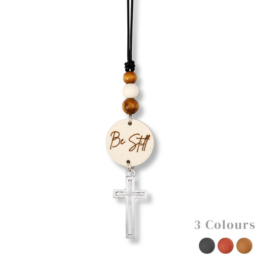 Silver Cross Bible Verse with Wooden Beads Essential Oil Car Hanging Charm