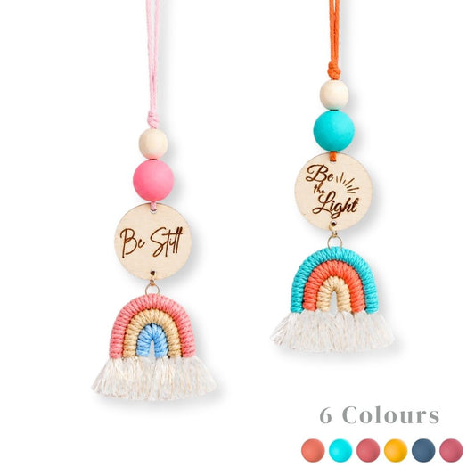 Pink and Blue Macrame Rainbow Car Diffuser with Bible Verse hanging charm