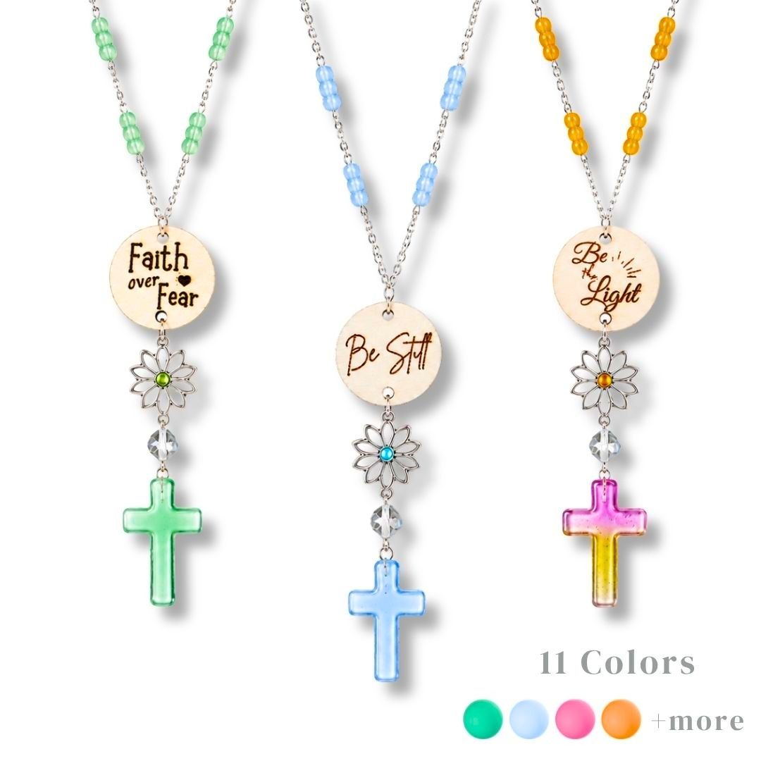 Violet Green Beaded Glass Crystal Cross with Bible Message Car Hanging Charm