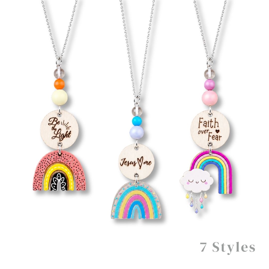 Bright Blue & Pink Boho Rainbow Bible Message Car Hanging Charm