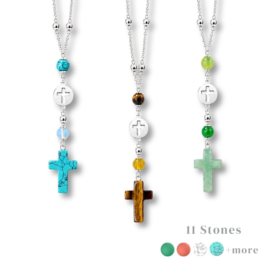Natural Stone Cross Beaded Hanging Car Charm - Rose Quartz, Tiger Eye Stone