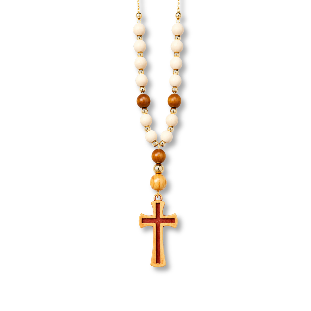 Beaded Wooden Cross Rearview Mirror Car Hanging Charm