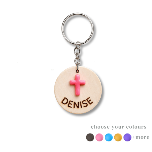 Personalized Wooden Cross Keychain with Name – Handmade Christian Gift