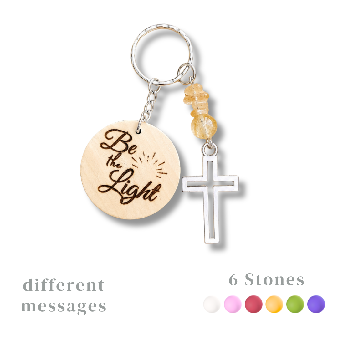 Inspirational Wooden Cross Keychain with Natural Gemstone Beads – Faith Quote Series
