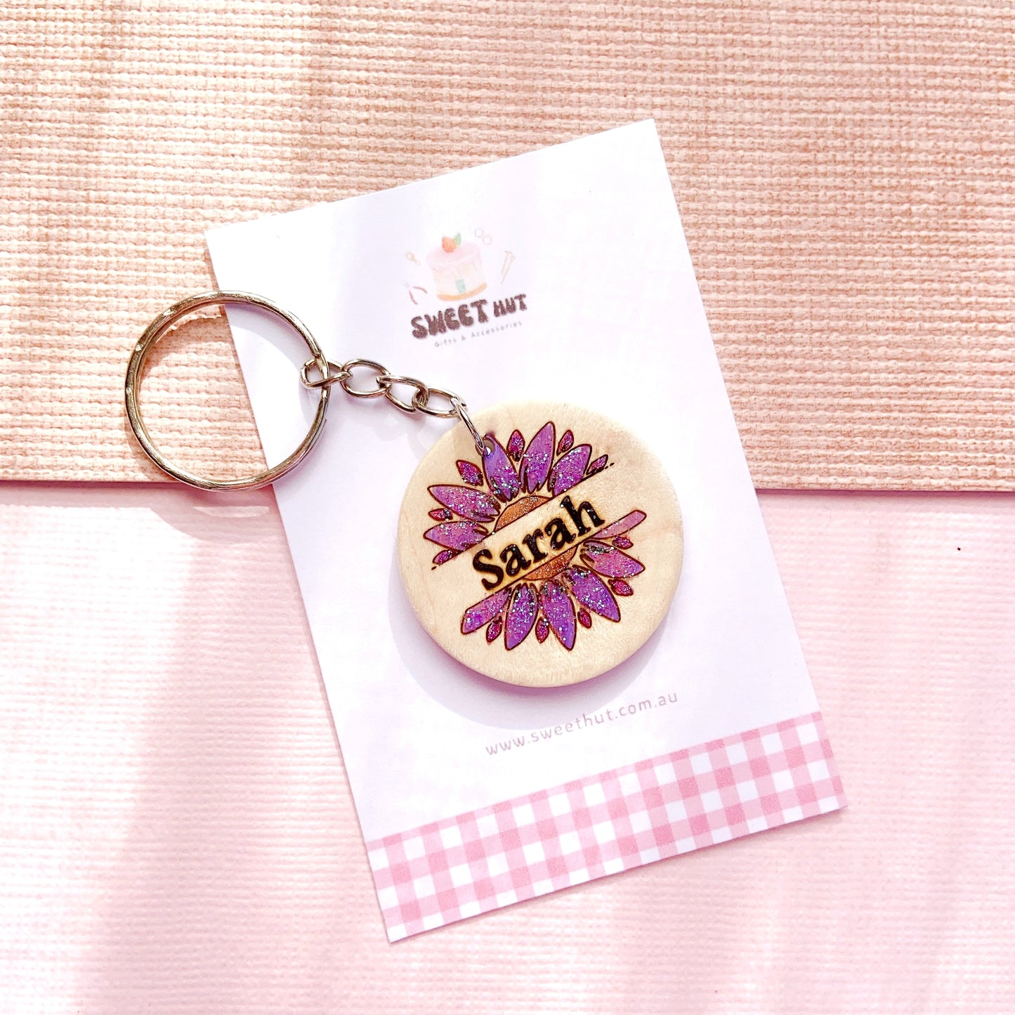 Personalized Flower Keychain with Glitter Petals & Name Engraving