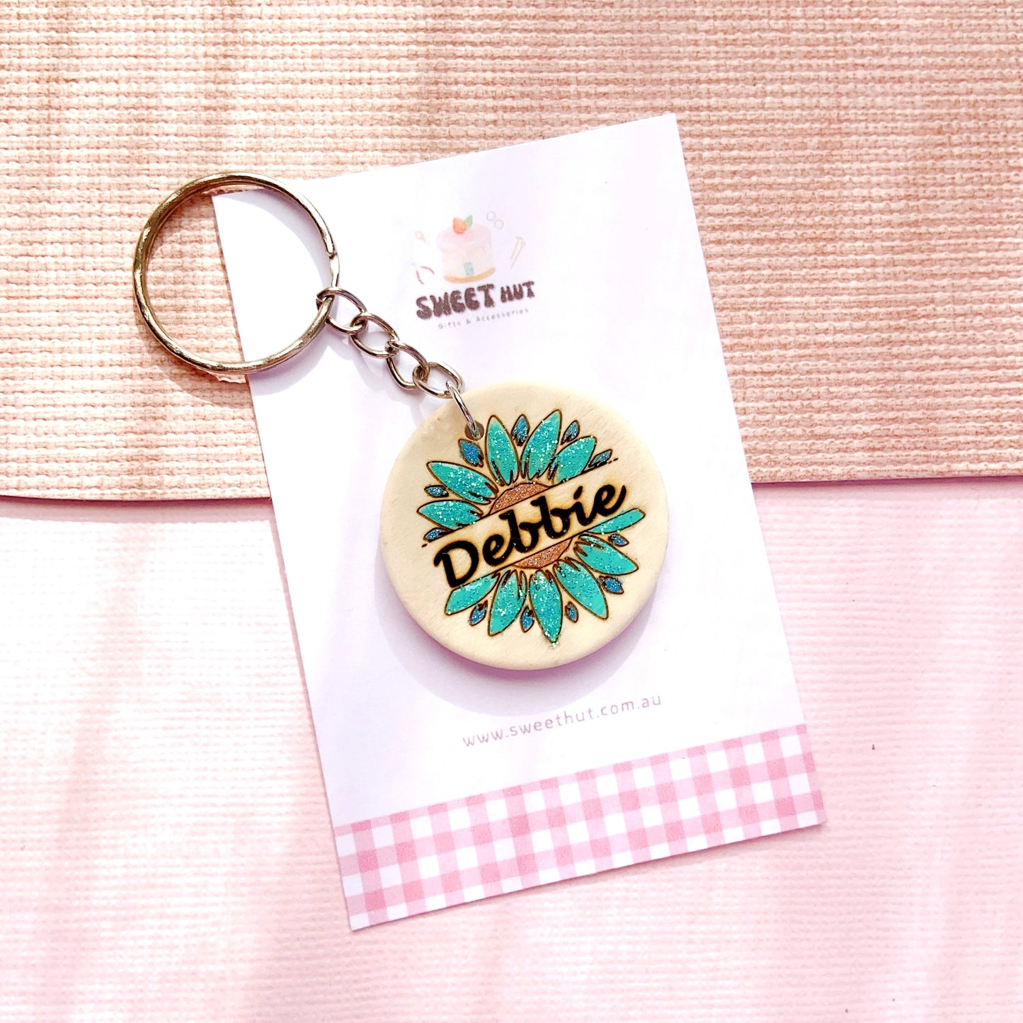 Personalized Flower Keychain with Glitter Petals & Name Engraving