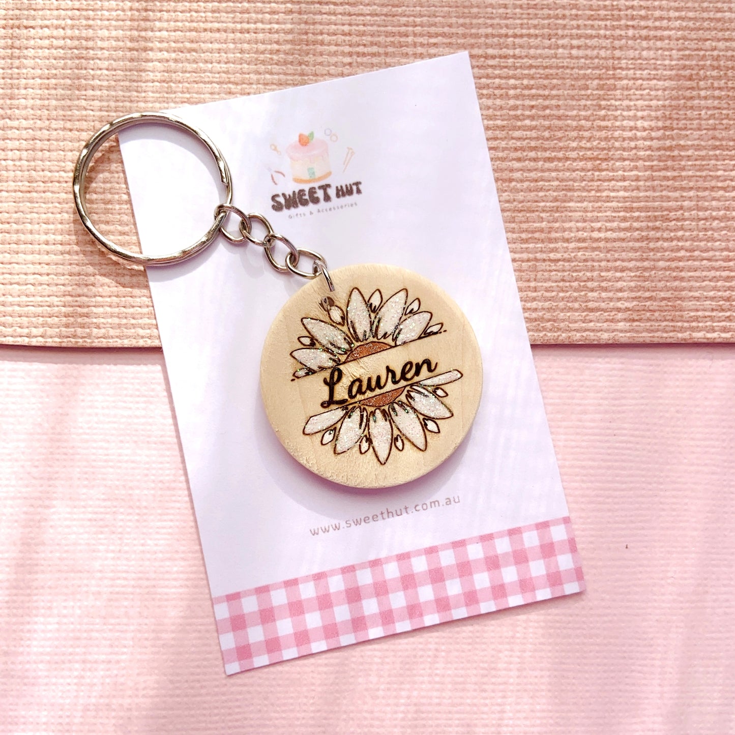 Personalized Flower Keychain with Glitter Petals & Name Engraving