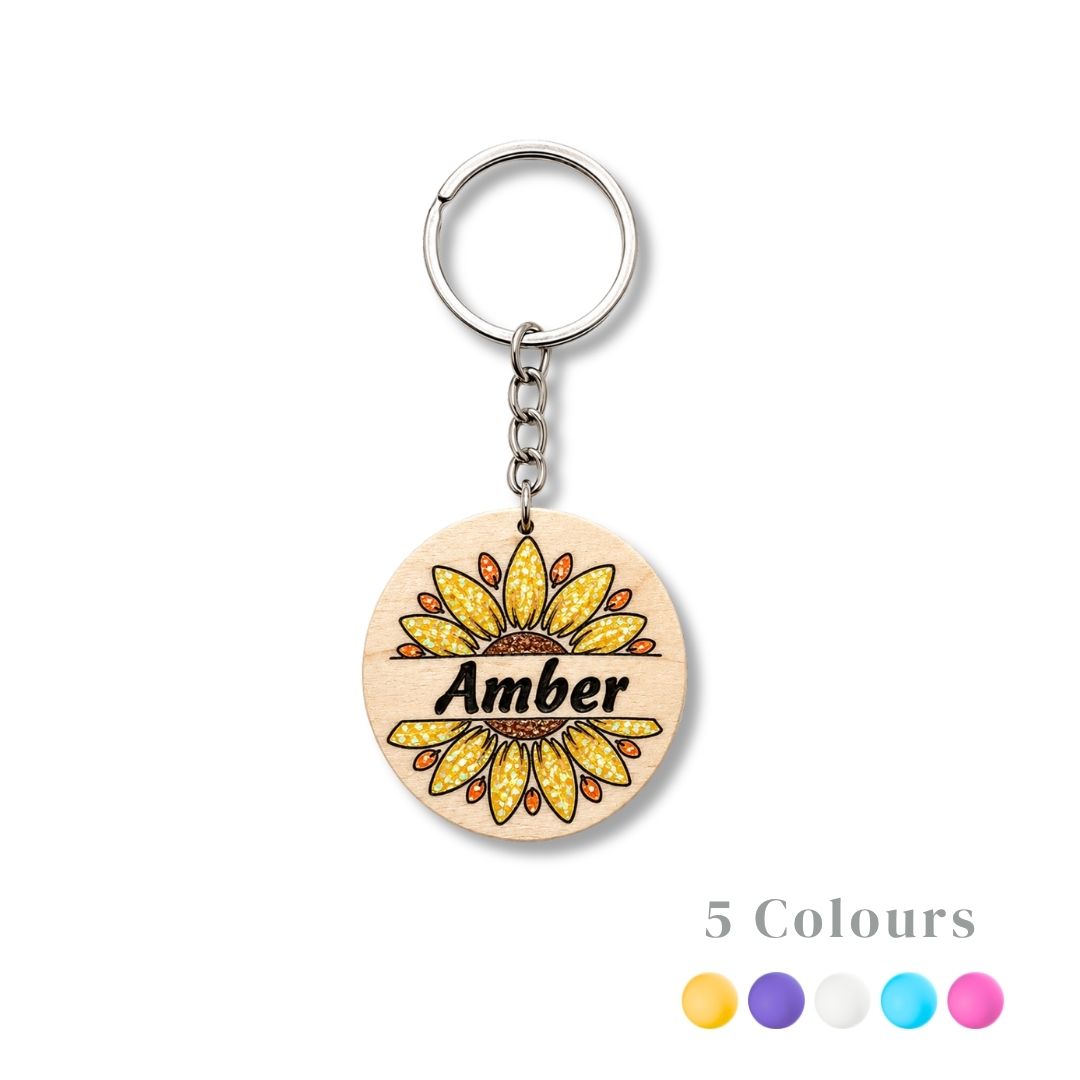 Personalized Flower Keychain with Glitter Petals & Name Engraving