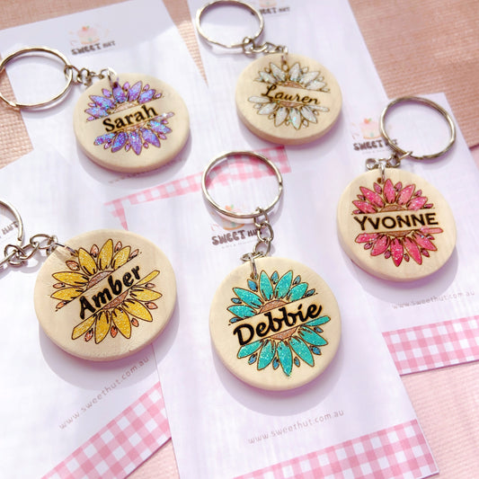 Personalized Flower Keychain with Glitter Petals & Name Engraving