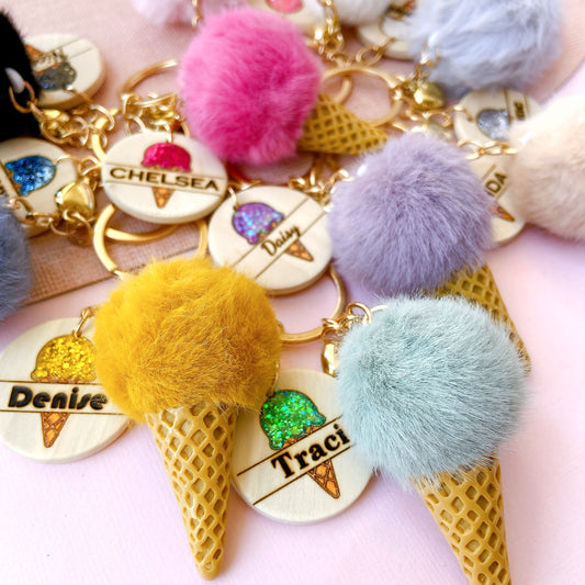 Personalized Ice Cream Keychain with Name Tag & Fluffy Pom Pom