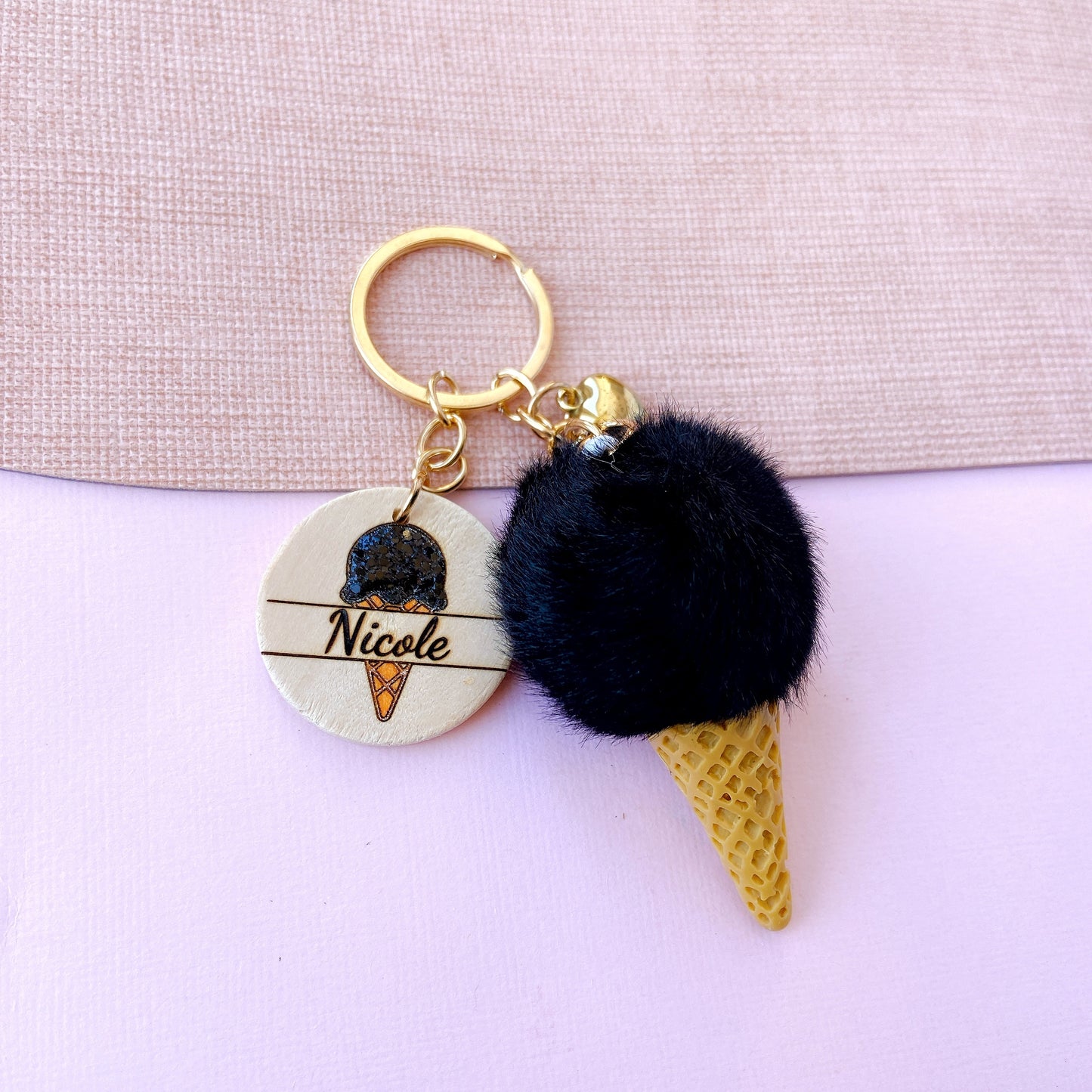 Personalized Ice Cream Keychain with Name Tag & Fluffy Pom Pom