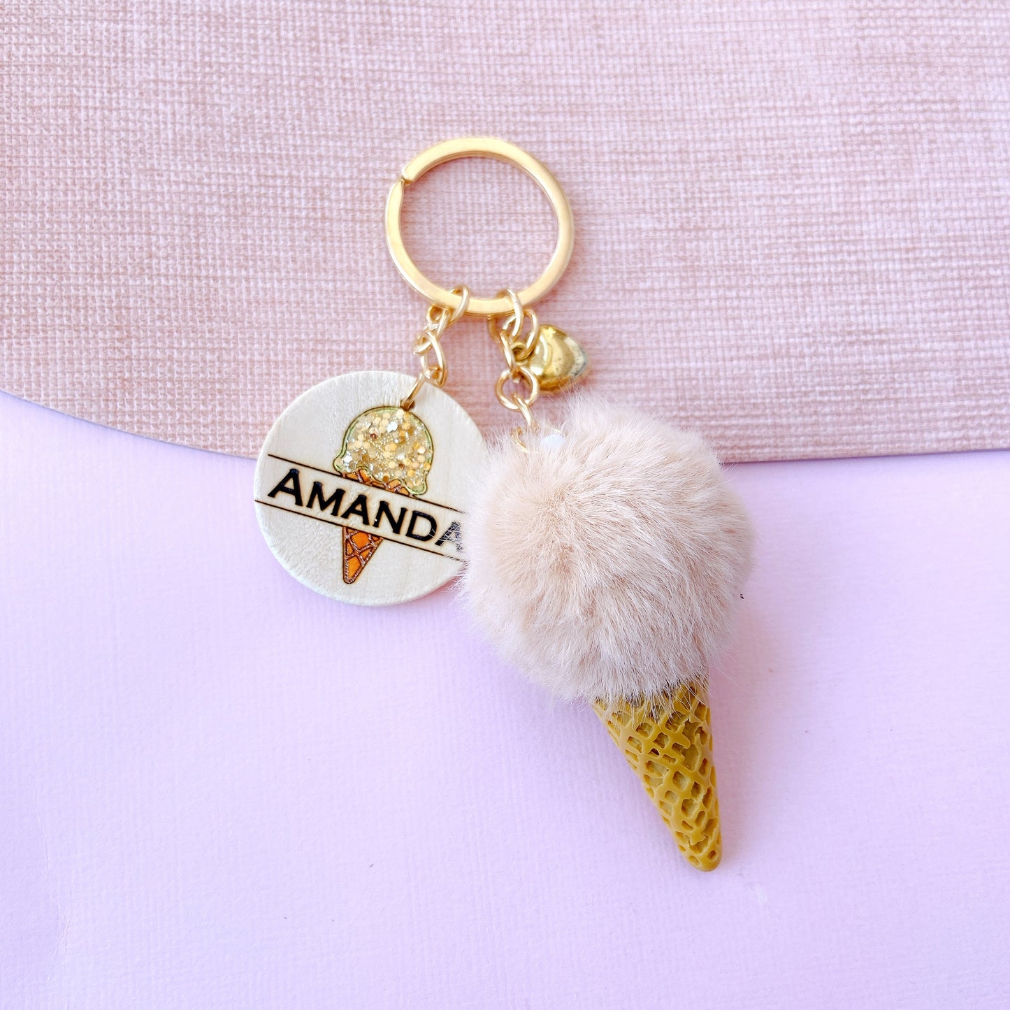 Personalized Ice Cream Keychain with Name Tag & Fluffy Pom Pom