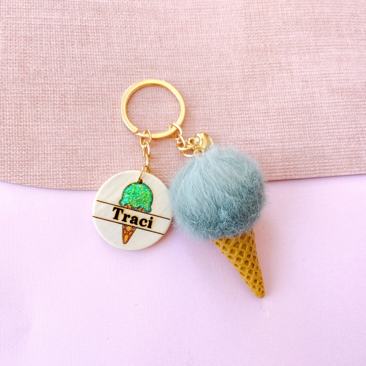 Personalized Ice Cream Keychain with Name Tag & Fluffy Pom Pom
