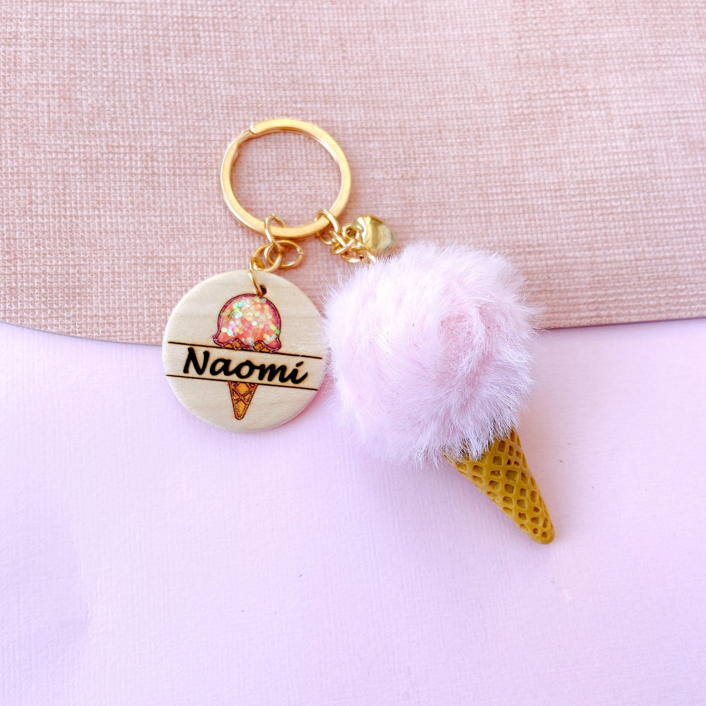 Personalized Ice Cream Keychain with Name Tag & Fluffy Pom Pom