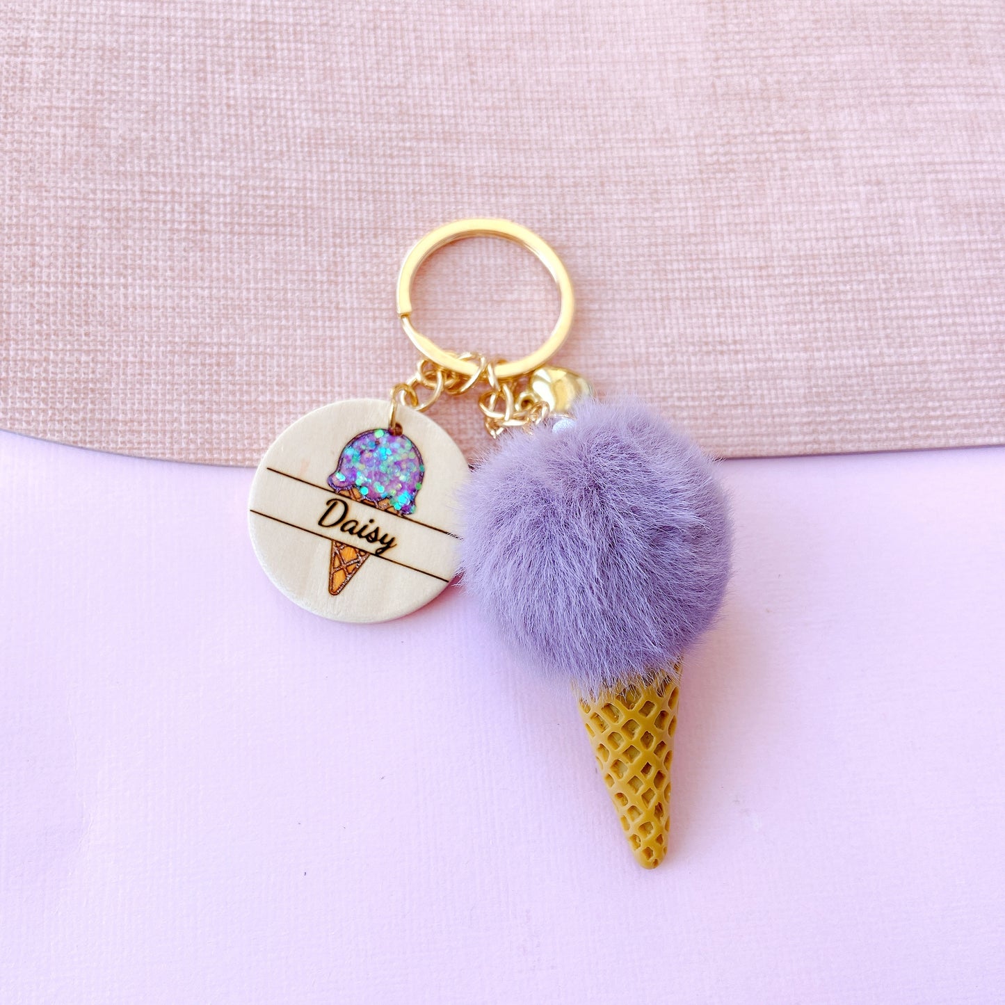 Personalized Ice Cream Keychain with Name Tag & Fluffy Pom Pom