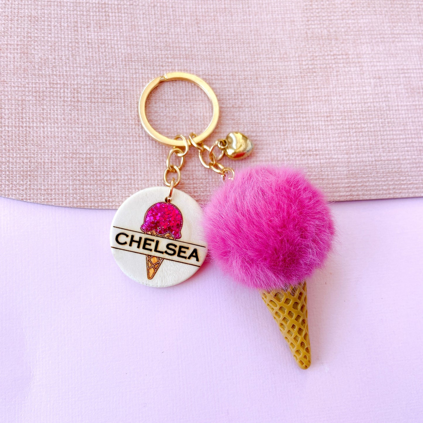 Personalized Ice Cream Keychain with Name Tag & Fluffy Pom Pom