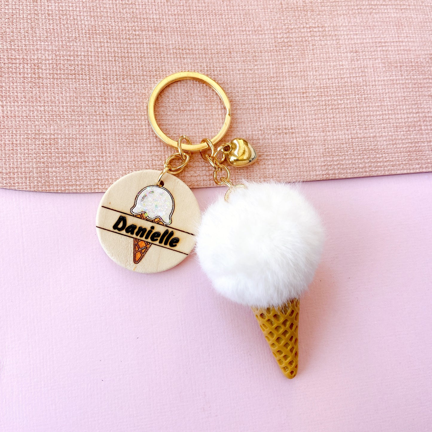Personalized Ice Cream Keychain with Name Tag & Fluffy Pom Pom