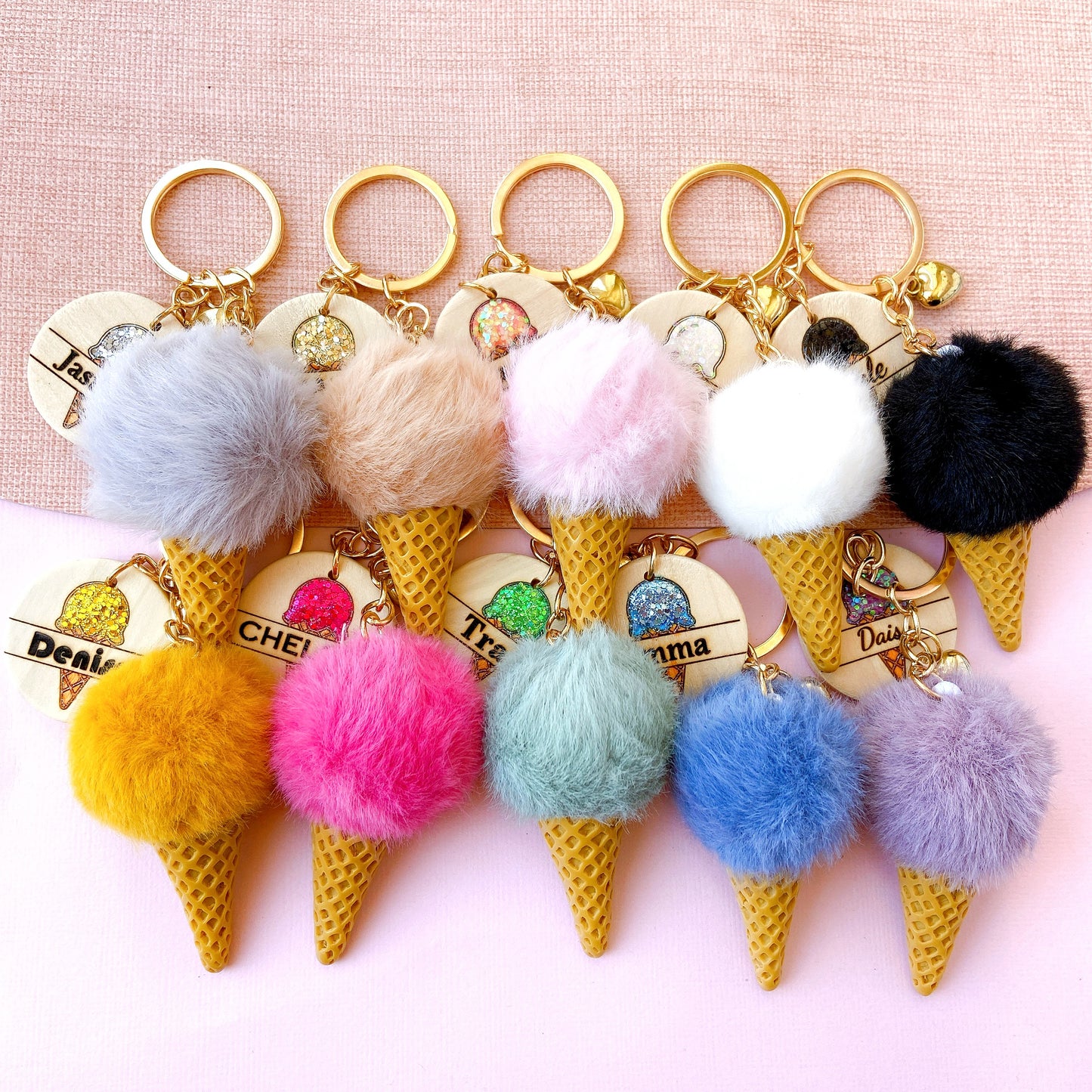 Personalized Ice Cream Keychain with Name Tag & Fluffy Pom Pom