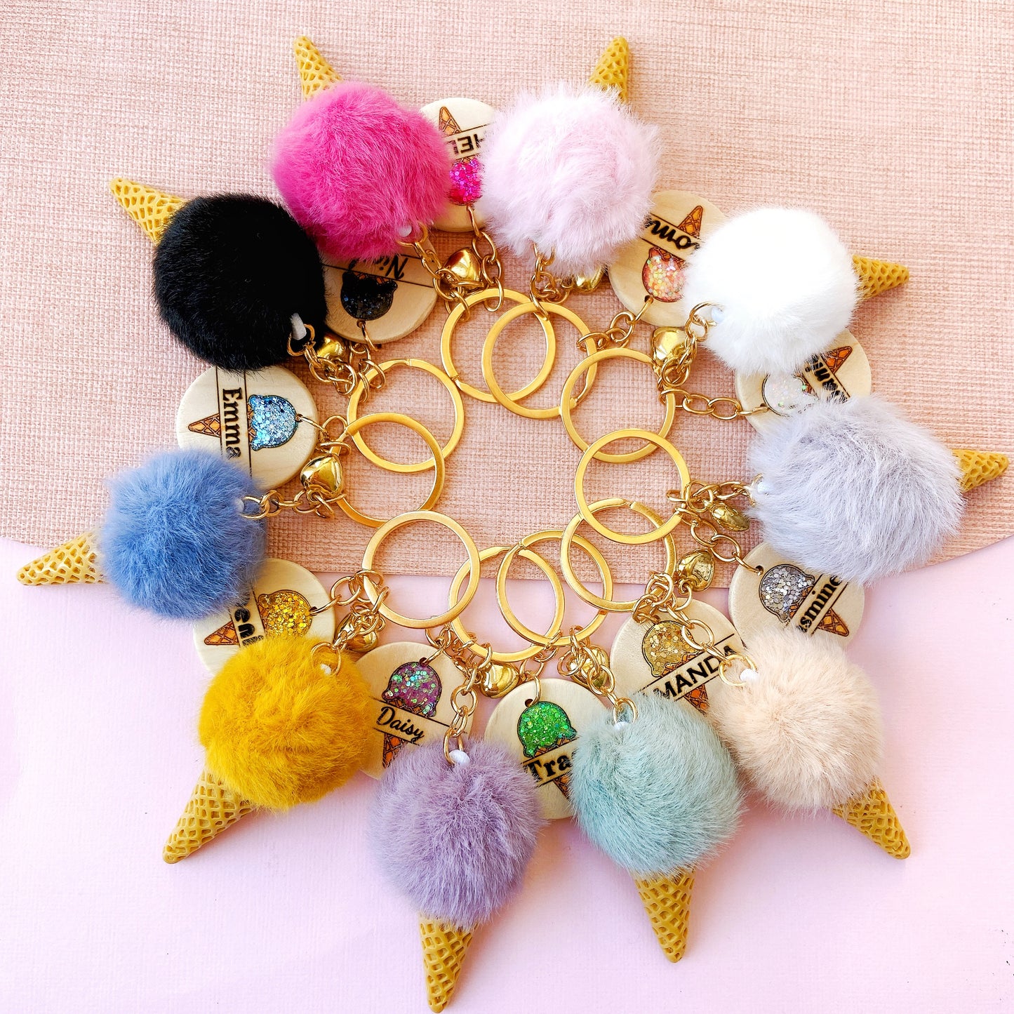 Personalized Ice Cream Keychain with Name Tag & Fluffy Pom Pom