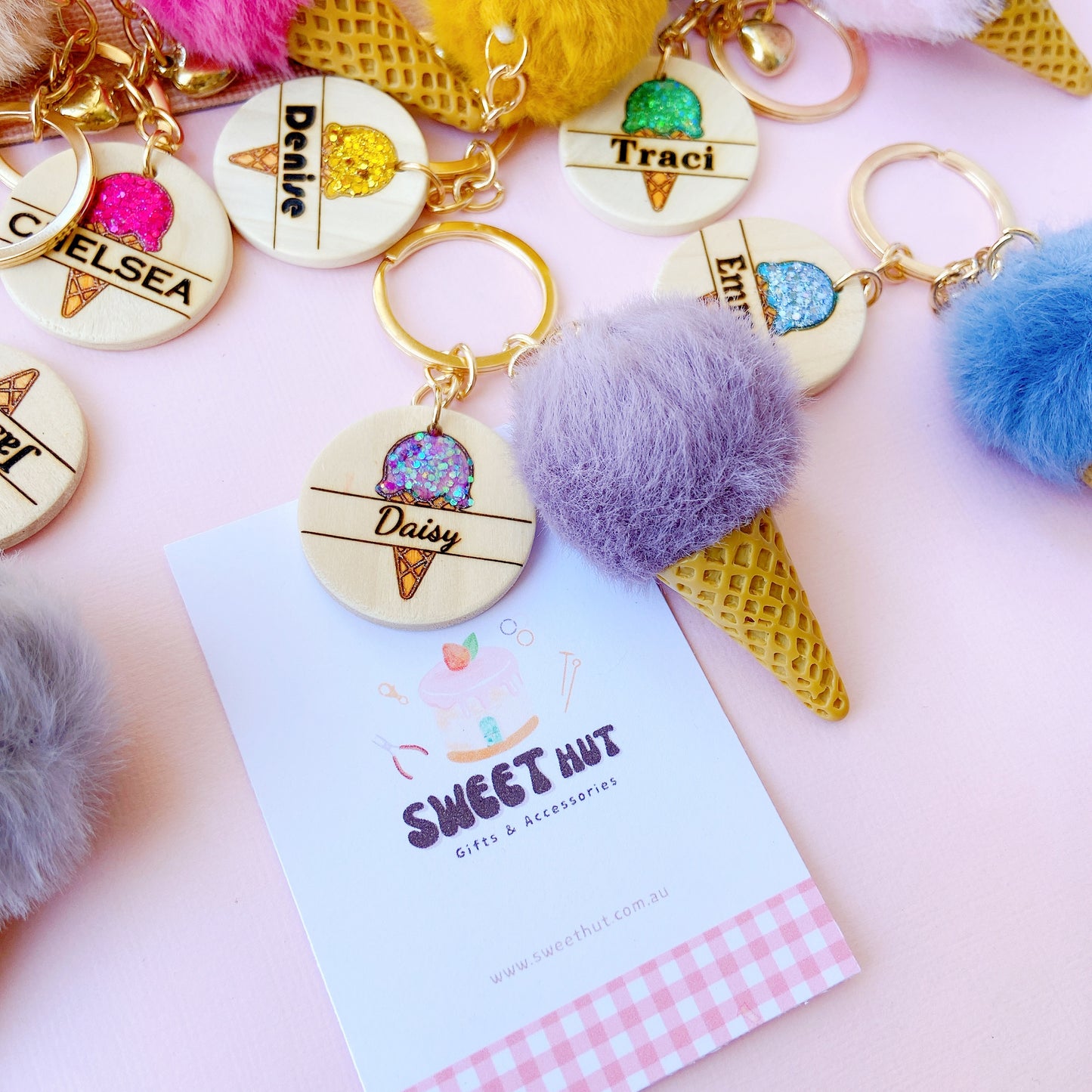 Personalized Ice Cream Keychain with Name Tag & Fluffy Pom Pom