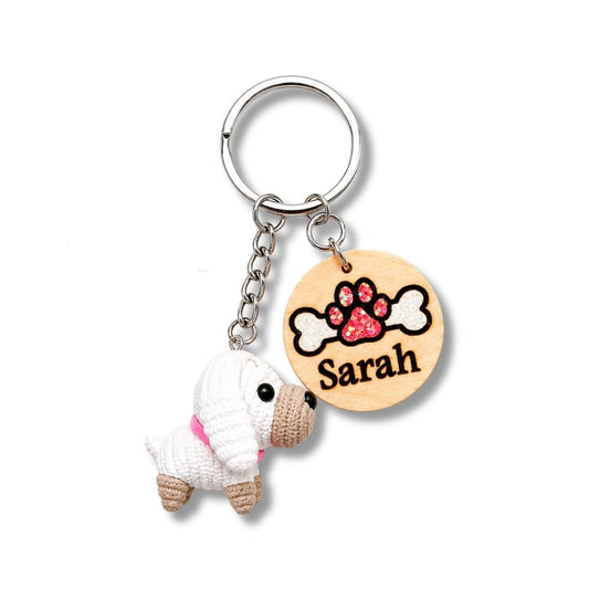 Personalized White Maltese Dog Keychain with Name Tag & Puppy Charm