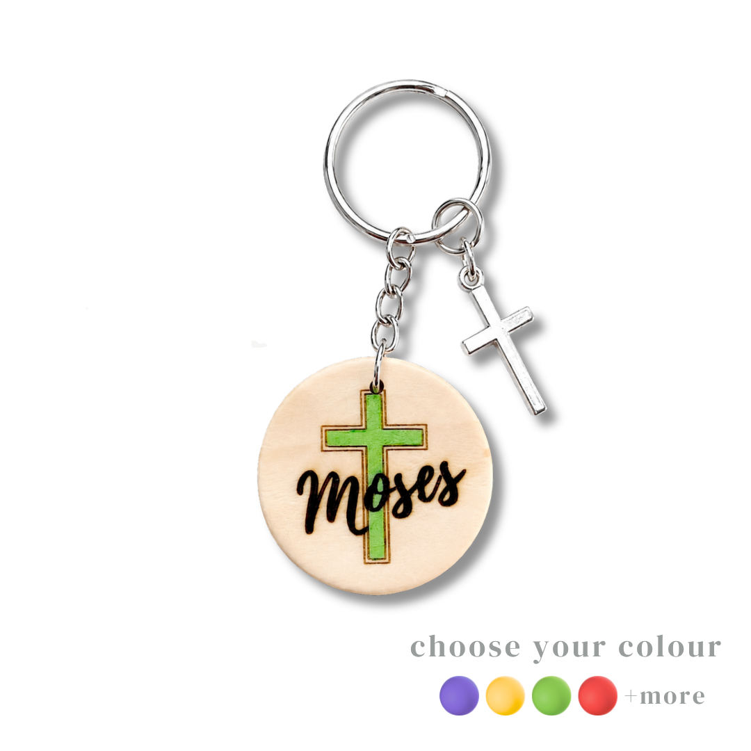 Personalized Wooden Cross Keychain with Name – Faith-Inspired Gift